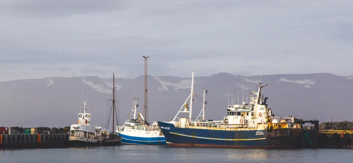 Photo de bateaux dans le port d'Húsavík en Islande