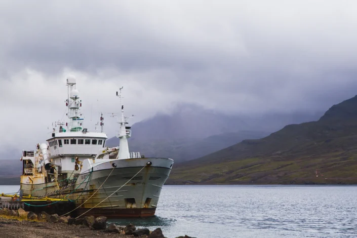 Photo d'un bateau dans un port au milieu du fjord Fáskrúðsfjörður en Islande